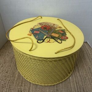 Vintage Princess Brand Round Yellow Wicker Sewing Basket 1940’s - 1950’s. EUC
